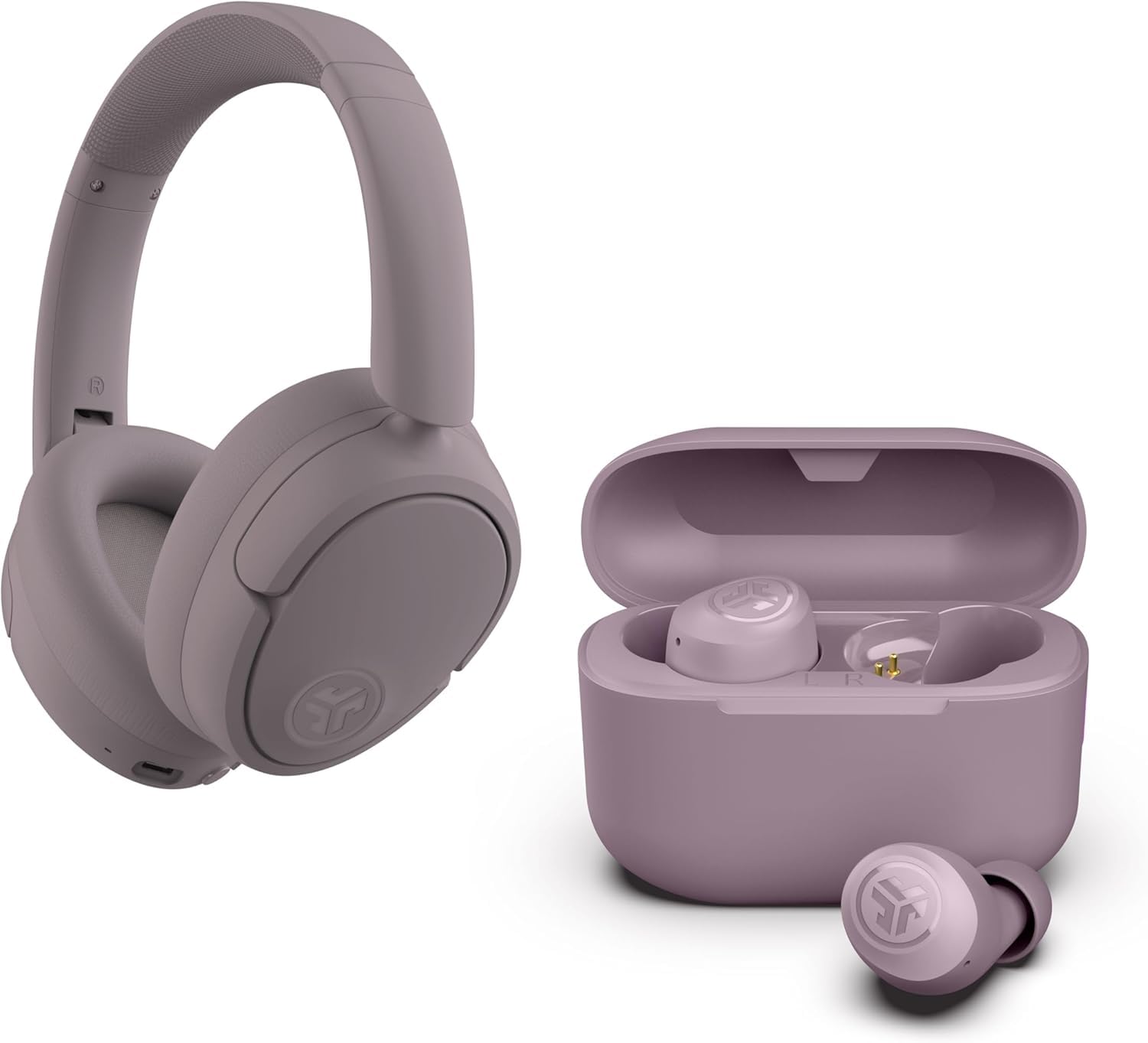 JLab Mauve Audio Bundle: JBuds Lux ANC Wireless Premium Over-Ear Bluetooth Headset with Hybrid Active Noise Cancelling Plus Go Air Pop+ True Wireless