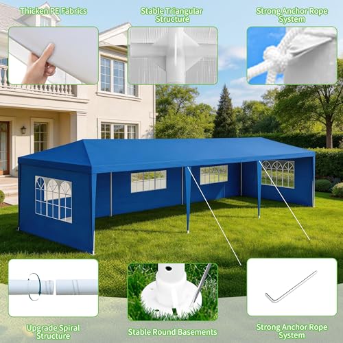 Image of 10'x 30' Outdoor Canopy Tents with 5Detachable Sidewalls, Blue Patio Gazebo Tents,Shade Shelters for Birthday, Events, Party,Wedding, Gatherings and Patio