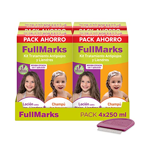 Full Marks Kit Tratamiento Antipiojos para Niños, Elimina los Piojos, Contiene Loción 100 ml, Champú Post-Tratamiento 150 ml y Lendrera Metálica, Pack ahorro x4