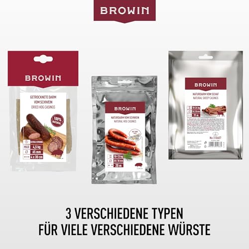 BROWIN® Naturdarm für Wurst | Premium Naturdarm für hausgemachte Würstchen, Wacholderwurst, Weißwurst, Bratwurst (Kaliber 28/30 mm, 15 m, Schweinedarm)