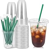 Qinsihwn 25 Set 16oz Plastic Cups with Flat Lids and Straws,Disposable Plastic Iced Coffee Cup,Disposable Clear Drinking Cups for Cold Beverages,Milkshakes,Smoothies