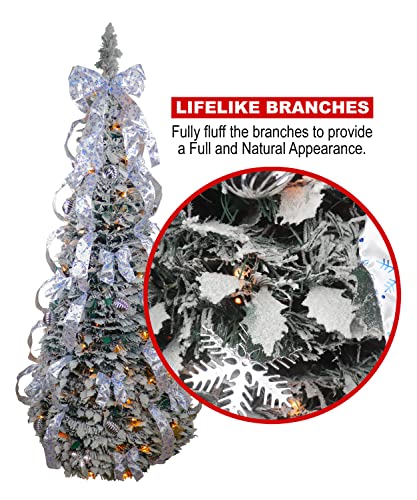 Flocked Christmas Tree - Fully Decorated Dressed - Pre-Lit 6 Ft Pull Up Pop Up With Storage Bag - Includes Holiday Decorations, Ornaments, Pinecones, Stand And Warms Lights #TOP3