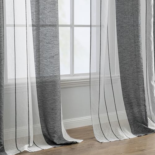 EMEMA Striped Curtains Transparent Voile Living Room Modern Set of 2 Curtains Bedroom Semi-Transparent Stripes 140 x 215 cm White and Grey - Image 3