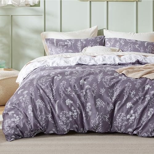 Image of Bedsure Duvet Cover King Size - Reversible Grayish Purple King Duvet Cover Set with Zipper Closure, 3 Pieces Cute Floral Patterned Bedding Set with 8 Corner Ties and 2 Pillow Shams