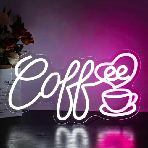 Image of Neon Sign, HSJNJKFU Coffee Neon Signs for Wall Decor White LED Light Sign for Cafe Room Shop Coffee Cup Bar Signs for Wall Decor Restaurant - USB Powered