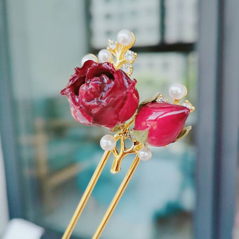 Joyas Chinas para el Cabello, Dos Horquillas de Metal con Rosas Reales for el Pelo, Estilo étnico, for Mujer, Accesorio for el Pelo con Dos Puntas.