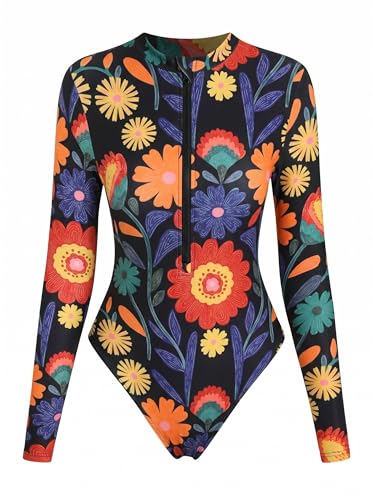 Image of ZAFUL Women's Long Sleeve Rash Guard Swimsuit One Piece Zipper Surfing Bathing Suit