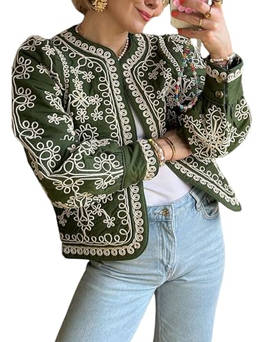 Yimoon Women's Cropped Quilted Puffer Jacket Lightweight Floral Print Padded Coat Open Front Puffy Cardigan Outwear