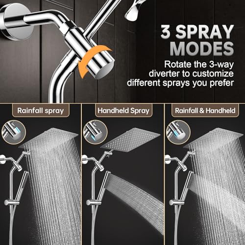 Image of Veken All Metal 12 inch Large Shower Head with Handheld, Full Body Coverage, Luxurious Square Double Rain Shower Heads, Power Wash Wand, Dual Big Detachable Rainfall Showerhead with Spray Combo,Chrome