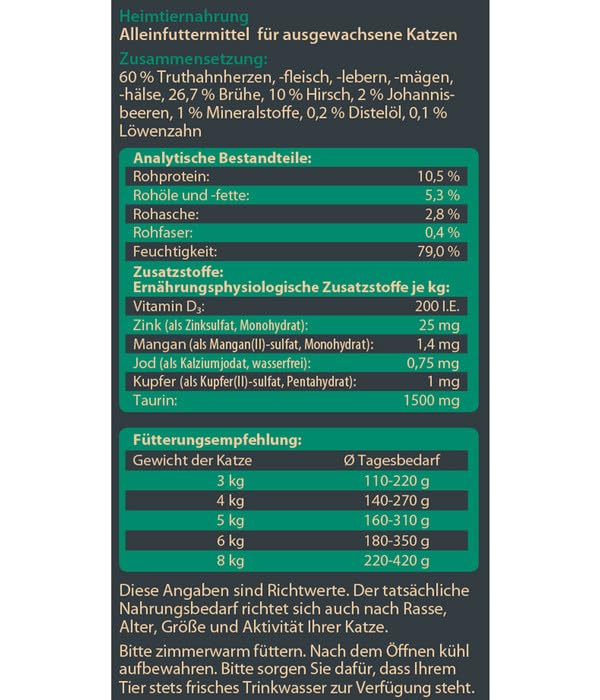 Dehner Wild Nature Katzenfutter Auwald, Nassfutter getreidefrei / zuckerfrei, für ausgewachsene Katzen, Hirsch / Truthahn, 16 x 85 g Beutel (1.36 kg)
