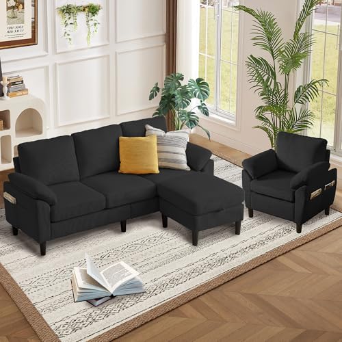 Image of 3 Pieces Corduroy Sofa Set for Living Room with Sofa, Storage Ottoman and Single Chair