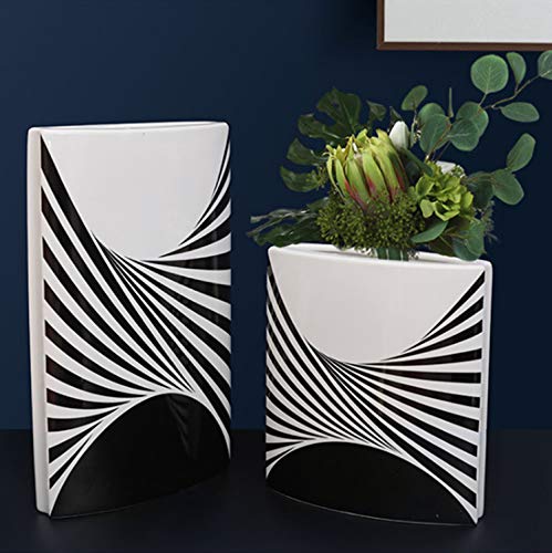Zwart En Wit Geometrische Gestreepte Keramische Vaas Kantoor Woonkamer Tv Aanrecht Vaas Imitatie Bloem Gedroogde Bloem Decoratieve Vaas 34x21cm, 23x21cm, 2 Stuks - Afbeelding 3