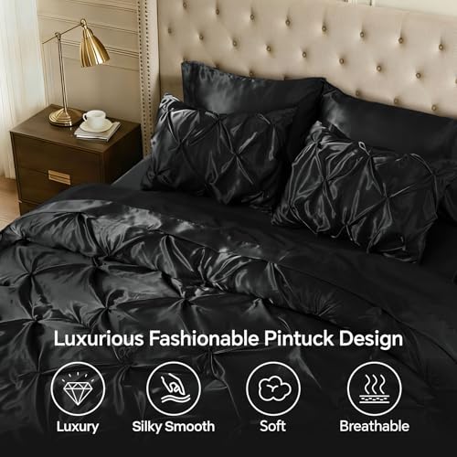 Image of BEDELITE Satin Comforter Set Twin Size, 5 Pieces Pintuck Bed in A Bag with Comforter, Flat Sheet, Fitted Sheet, Pillowcases, Shams, Soft Cozy Similar to Silk Bed Set for All Seasons (Black)