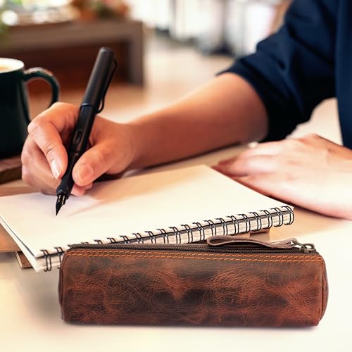 Image of Round Leather Zipper Pencil Case - Full Grain Handmade Pen, Marker & Sketch Pouch, Compact Tube-Shaped Organizer for Office & Travel, Premium Small Tool Holder for Adults - Brown