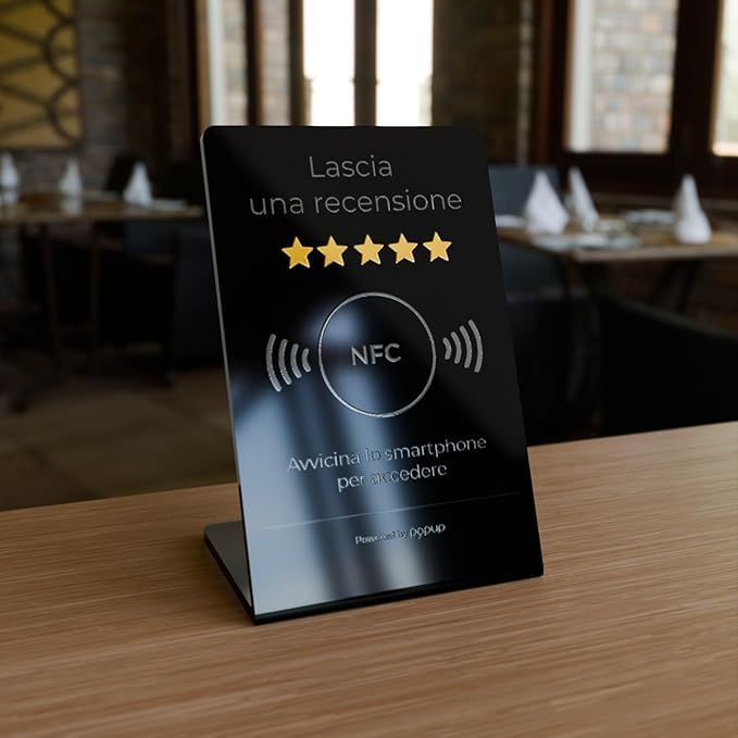 Espositore per Recensioni NFC L 20 x 15 cm PVC Nero | Compatibile Android iOS | Google TripAdvisor Trustpilot