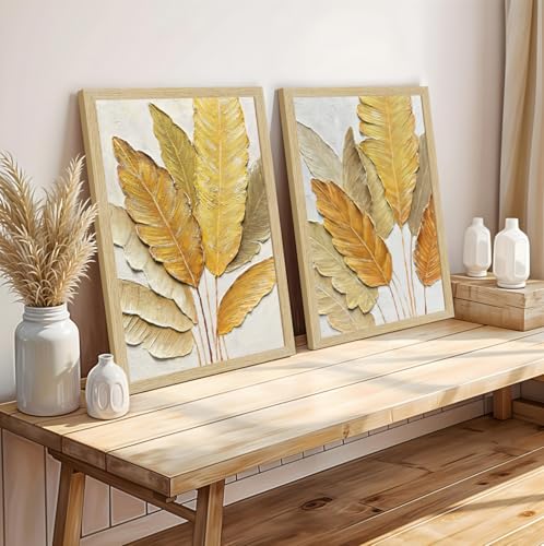 Image of ArtX Paper Leaf Paintings For Living Room, Bedroom, Natural Wood Color Frames, Multicolor, 12.0 x 18.0 inch, Set of 2