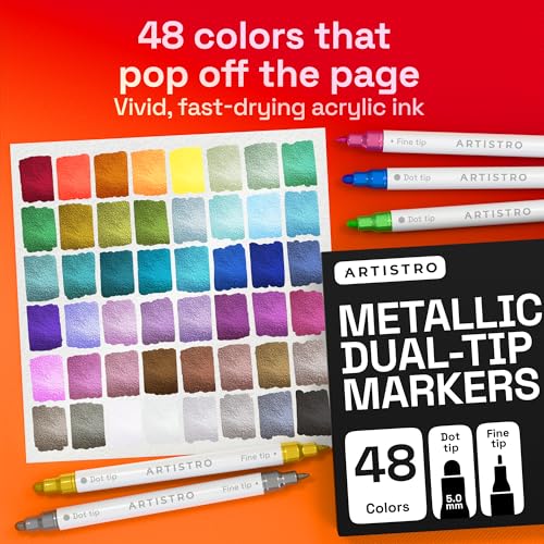 Image of ARTISTRO 48 Metallic Dual-Tip Acrylic Paint Markers - Paint Pens Set with Dot & Fine Tips for Fabric, Rock, Glass, Wood, Coloring Books - Arts & Crafts Gift - Classroom Must Haves & School Supplies