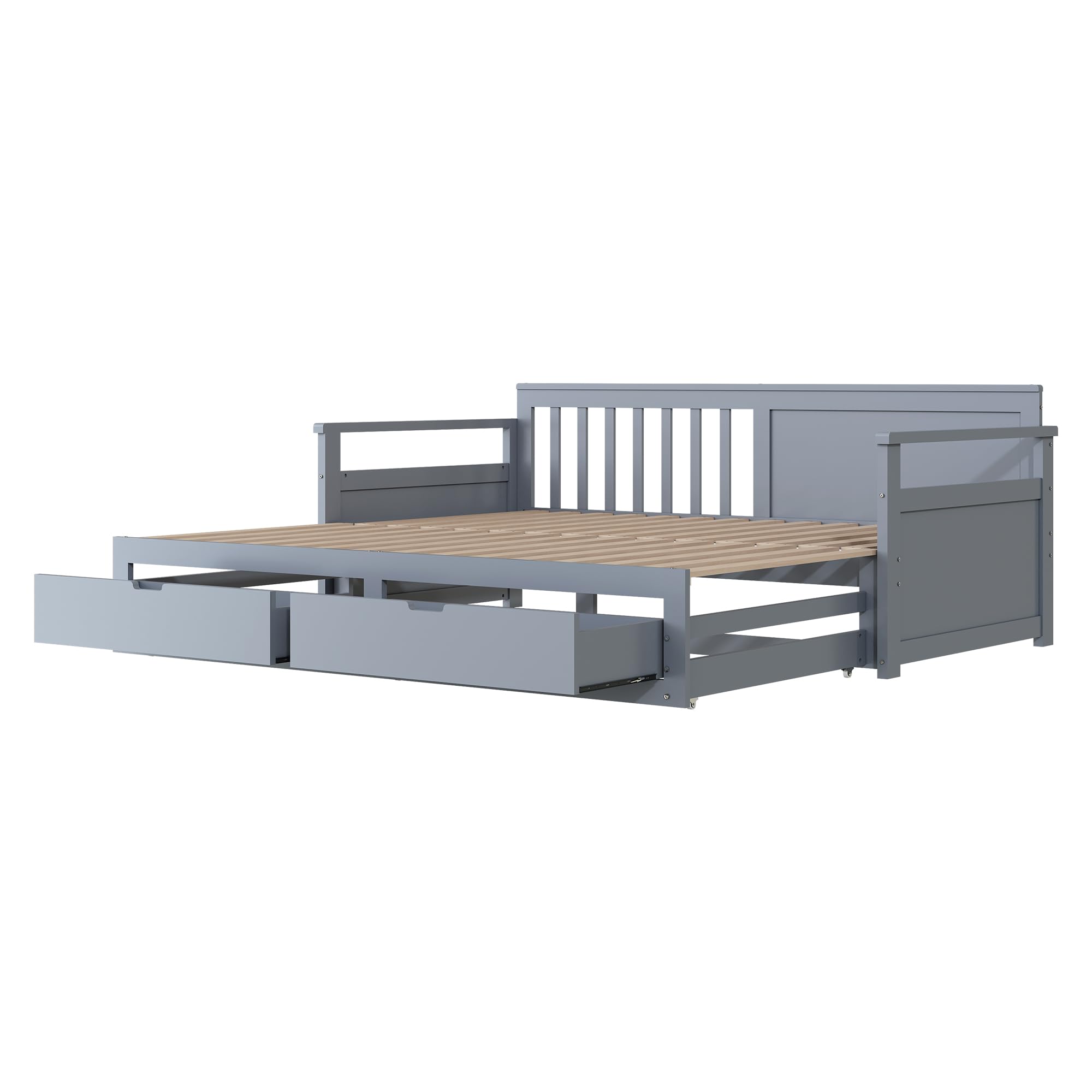Idemon Letto matrimoniale multifunzionale due in uno con letto in pino, cassetti e letto estraibile 200 x 186 x 76 cm (grigio)