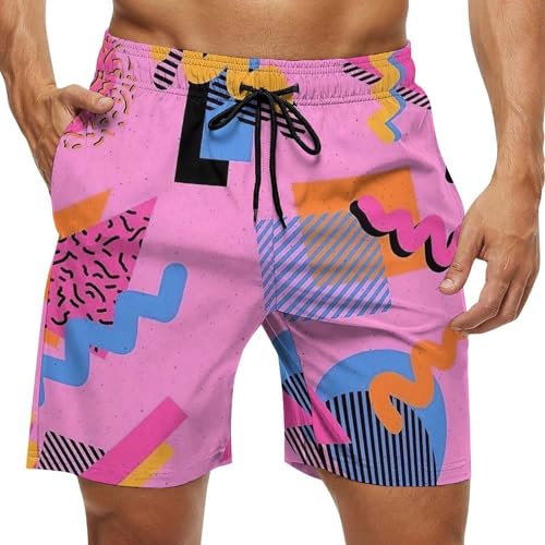 80s 90s Retro Swim Trunks for Men, Vintage Neon Style Board Shorts Beach Surfing Sports Shorts Quick Dry Swim Trunks