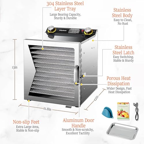 Essiccatore Elettrico per Alimenti, essiccatore per Frutta e Carne in Acciaio Inossidabile con Timer da 12 Ore, Design a 6 Strati per un'essiccazione efficiente di Frutta, Verdura e Carne secca