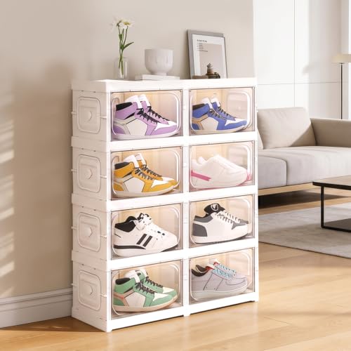 Image of House of Quirk 4-Layer 8-Box Folding Shoe Rack, Space-Saving Shoe Organizer, Foldable Plastic Shoe Cabinet for Home, Bedroom & Bathroom (White)