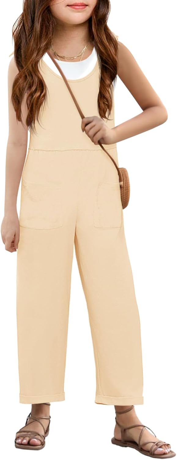 Haloumoning Girls Sleeveless Jumpsuit Kids Casual Bowknot Strap Wide Leg Loose Romper with Pockets 5-14 Years