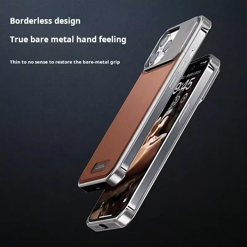 Image of Business Leather Phone Case Compatible with iPhone 16 Pro Case Wireless Charging | Aluminum Alloy Eco-Friendly Cloth Aroma Therapy Phone Case (Gold)