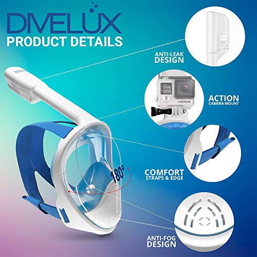 DIVELUX Full Face Snorkel Mask - Anti Fog & Anti Leak Technology | Seaview 180 Degree Panoramic Snorkel for Adult and Youth with Gifts: Waterproof Case and E-Book, (Blue, S/M)