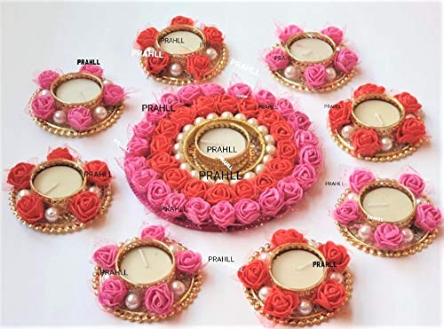 PRAHLL Artificial Flower Rose, Pearls Diya tealight Rangoli Floating/Non Floating Festive Decor (Set of 9 Holder & 9 Candles Diyas) (Pink RED, Foam Floating)