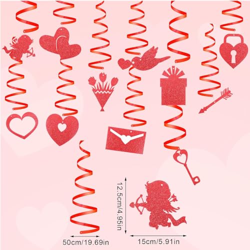 Image of Festiko Cardstock 11 Pcs Valentine's Day Hanging Swirl Decorations (Swirls 2), Red Hearts Swirls For Love Decoration
