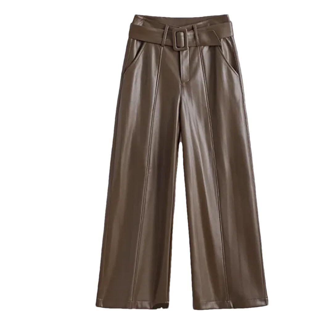 Pantalones de cuero para mujer, cintura alta, sueltos, casuales, pantalones rectos de negocios