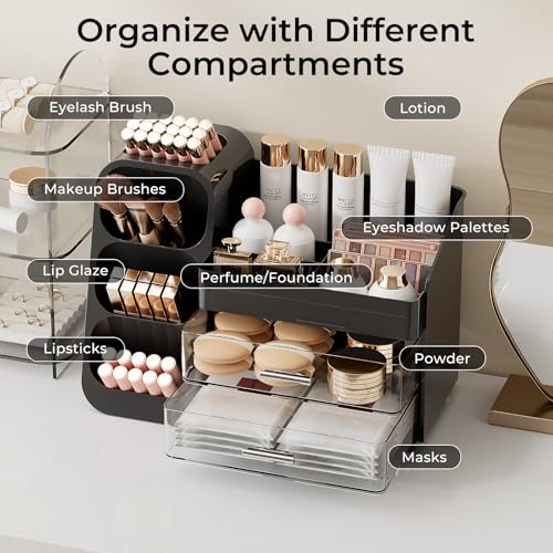 Image of UFORU Makeup Organizer for Vanity with Brush Holder, Large Capacity Bathroom Countertop Skincare Organizer with 2 Drawers, Cosmetic Display Case for Perfumes, Eyeshadow Palettes, Nail Polishes