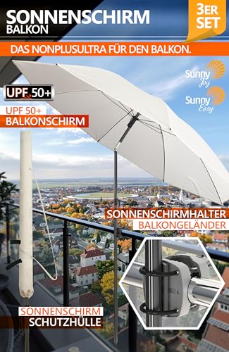 4smile Sonnenschirm Balkon SunnyJoy im 3er-Set - UPF 50+ Balkon Schirm 160 cm + Sonnenschirmhalter Balkongeländer SunnyEasy + Sonnenschirmhülle - Sonnenschutz Balkon, Sonnenschirm Strand, Beige 2