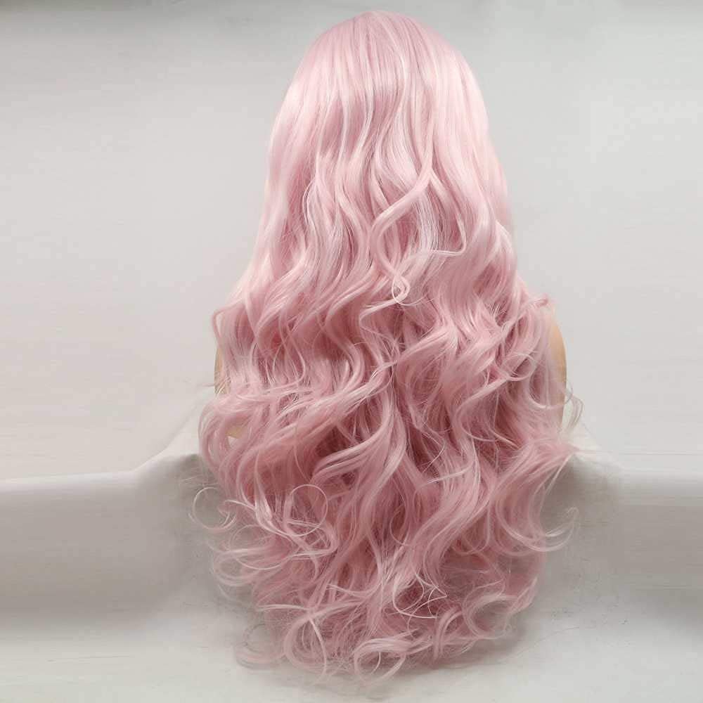 Xiweiya Long Wavy Pink Synthetic Lace Front Wig - Middle Part, Heat Resistant Fiber for Women Drag Queen - 24 Inch - Image 2