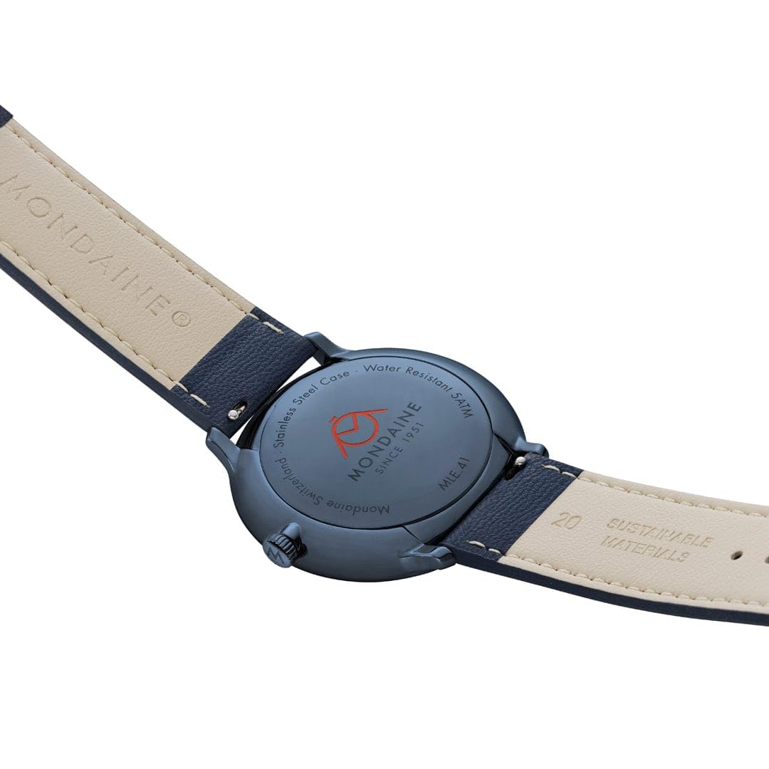 Mondaine Doppio zegarek męski 41 mm – szwajcarski mechanizm kwarcowy, niebieski cyferblat, szkło szafirowe, wodoszczelny, stal nierdzewna z recyklingu, wegańska bransoletka ze skóry jabłkowej