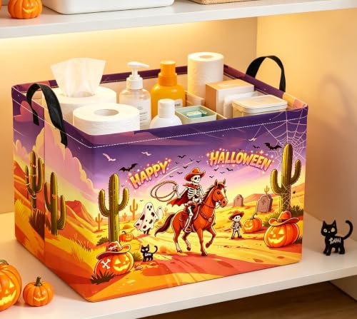 Image of Rectangle Storage Basket with Handles,Collapsible Storage Bin,Books Box,Gift Basket(Cowboy Halloween)