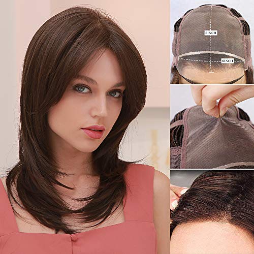 HAIRCUBE Mono-Filament Top Brown Wigs Lace Front Hand-Tied Wigs Free Parting Fashion Shoulder-Length Wigs for Women Chocolates Wig Natural Looking