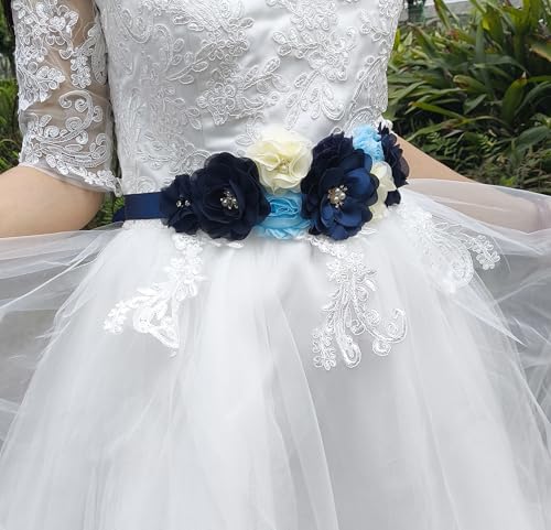 Dark Blue Maternity Sash,Maternity Flower Sash Belt Navy Blue, Navy Sash Belt Women's Dress Accessory4