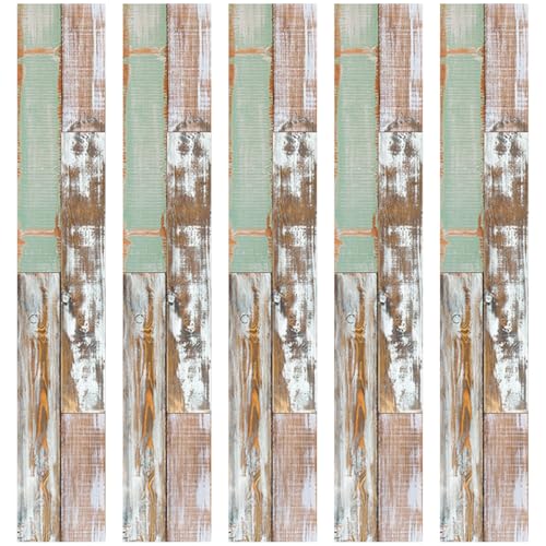 COLLBATH Tablones de Suelo Autoadhesivos PVC 15X90 CM 5 Piezas Adhesivos Decorativos Antideslizantes Efecto Madera Marrón y Verde para Dormitorio Cocina y Baño Fácil Instalación y