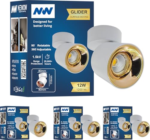 Image of NW 12W Glider SF Moveable White with Gold Aluminium 360 Degree Adjustable Cylindrical Shape LED Surface Light | COB Light | Wall Light | Spot Light | Light Color- Natural White (Pack of 4)