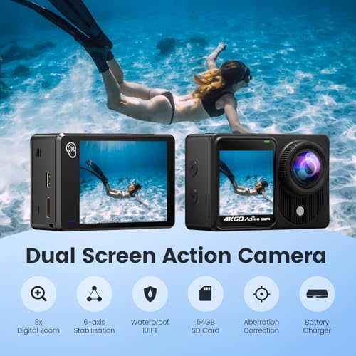 TIMNUT Touchscreen 4K60FPS Action Cam mit 64G Karte, 40M Unterwasserkamera 48MP HD WiFi Kamera mit EIS 8X Zoom Wasserdicht Actionkameras Weitwinkel Sportkamera mit 2 * 1350 mAh Akkus