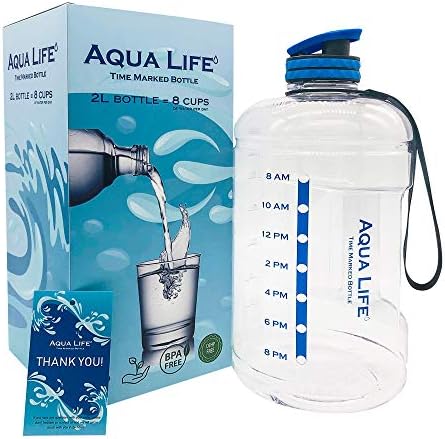 Half Gallon Water Bottle Motivational Fitness Workout with Blue Time Marker Drink More Daily Clear BPA Free Reusable Leak Proof Drinking Jug for Outdoor Camping Plastic Sports Marked 73oz