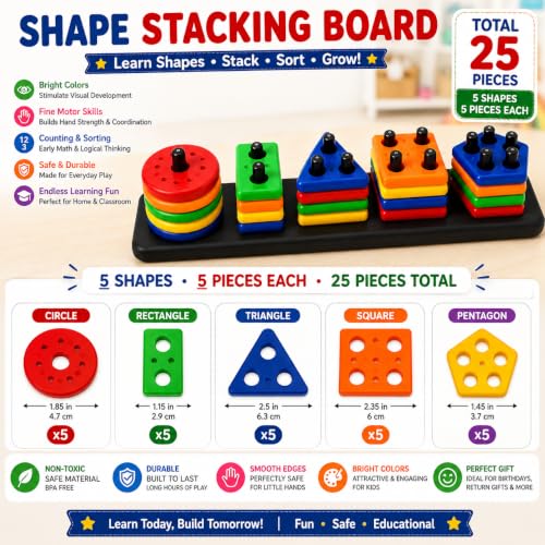 Image of PLUSPOINT Shape Stacking Board Toy, 26-Piece Montessori Shape Sorting Puzzle, Educational Learning Toy for Kids, Color & Shape Recognition, Counting, Fine Motor Skills, Hand-Eye Coordination