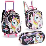 Genérico Kit Escolar, Mochila com Rodinhas, Lancheira Térmica, Estojo, Infantil, Menina (Unicórinio Rock Star)