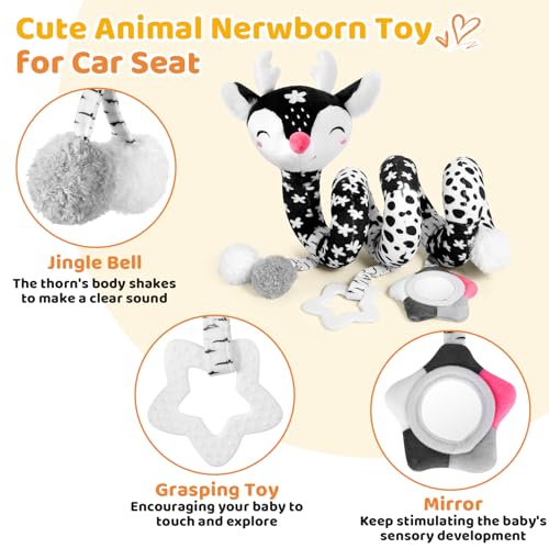 Image of Car Seat Toys for Babies 0-6 Months Boy&Girl, Carseat Toys Hanging Black and White High Contrast Toy for Baby 0-3 Months, Spiral Activity Plush Toys Stroller Toys for 0 3 6 9 12 Months Baby Ideal Gift