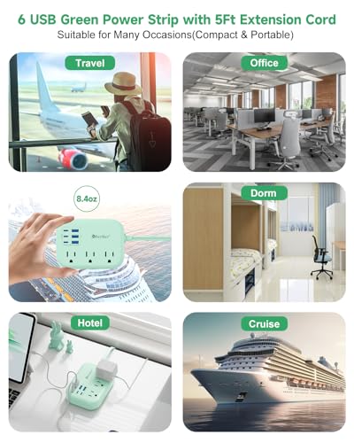 Beeiker 789 Extensión Verde con 3 Tomacorrientes y 6 Puertos USB (3 USB C) Cable de 1.52 m miniatura 7