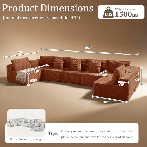 Image of 168 inch Cloud Sectional Couch, Comfort U Shaped Sofa for Living Room, Extra Deep Seats No Assembly, Minimalist Modular Couch, Corduroy (Deep Orange, 7 Seats,U-Shape B)