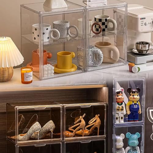 Image of BOHOIDEE 4 Tiers Clear Acrylic Display Case for Closet, Purse Storage Organizers Box, Plastic Storage Bins with 3 Adjustable Divider and Magnetic Door
