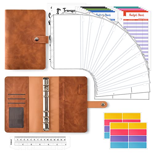 Cooyou 30Pcs Carpeta de Cuaderno Set, A6 Archivadores Cuero Con 12 Hojas de Presupuesto, 10 Bolsillos Transparentes con Cremallera, 1 Regla, 2 Pegatinas para Planificador de Presupuesto, Marrón Cover