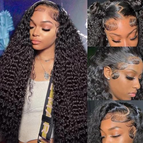 Image of Aomllute 34 Inch Lace Front Wig Human Hair Pre Plucked 200 Density 13x4 HD Deep Wave Lace Frontal Wigs Human Hair with Baby Hair Curly lace front Wigs for Women Natural Black